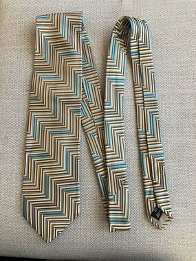 Ermenegildo Zegna vintage woven silk tie, diagonal chevron stripes, blue/gold